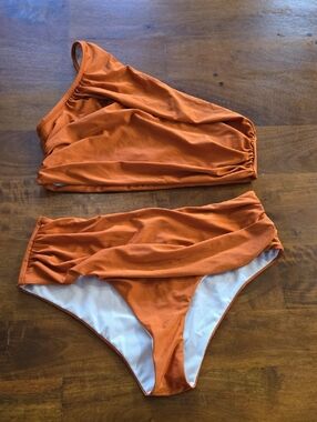 Cupshe Burnt Orange Copper Assymetrical Ruched High Waisted Bikini Set Size XL